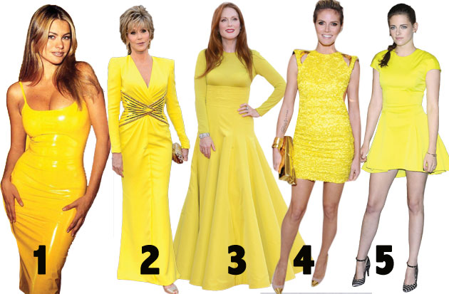 Sofia Vergara, Jane Fonda, Julianne Moore, Kristen Stewart y Heidi Klum de amarillo minion